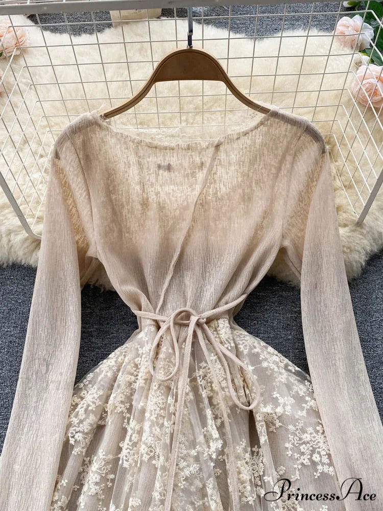 Women Party Warm-Season Waist Closing Up Autumn Temperament Lace Gown Tide New O-neck Elegant Vestidos Irregular 2024