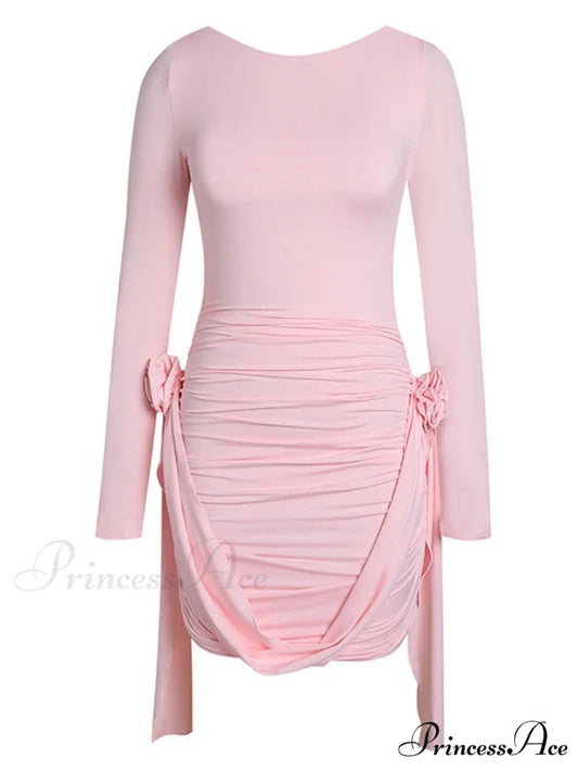 Women Pink 3D Floral Draped Mini Bodycon Dress Long Sleeves Christmas Party Dress Pink / S