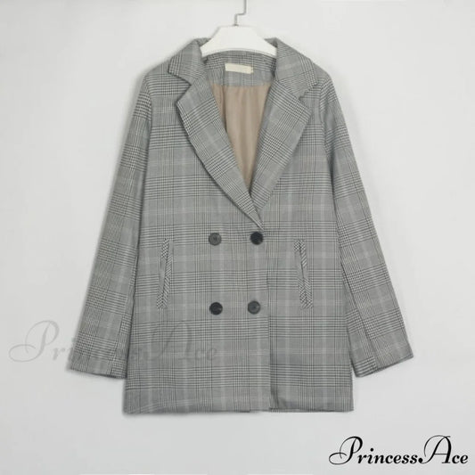 Women Plaid Casual Blazer Gray / S