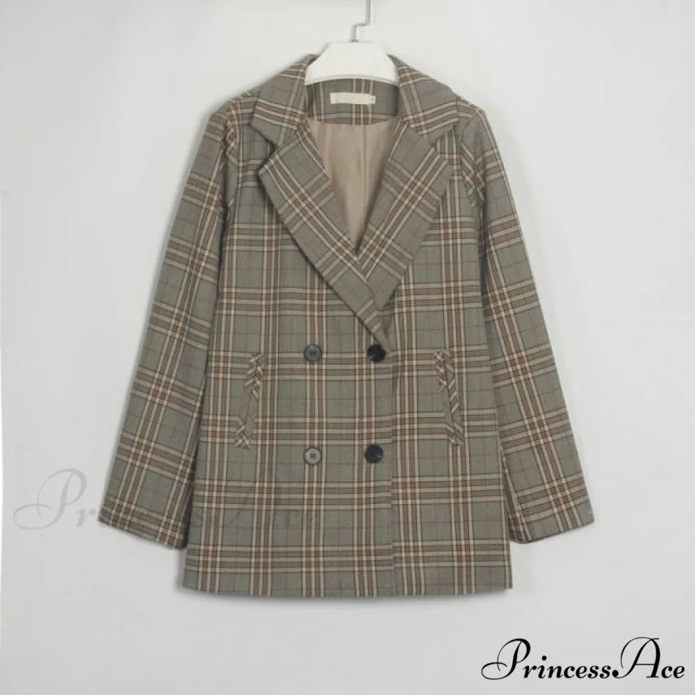 Women Plaid Casual Blazer Khaki 2 / S