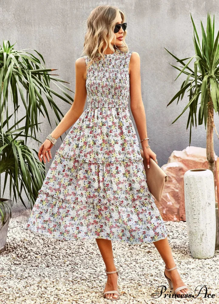 WOMEN PRINT SLEEVE DRESS M / apricot