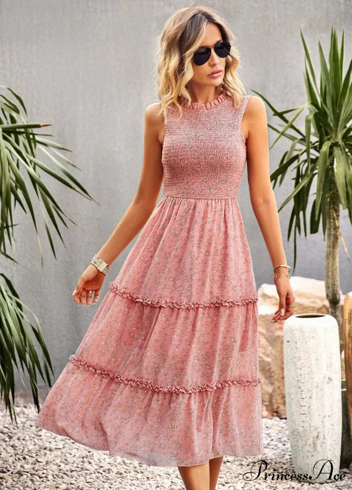 WOMEN PRINT SLEEVE DRESS S / pink