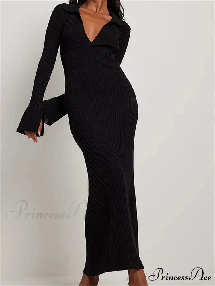 Women Ribbed Knitted Flare Sleeve Lapel Solid Color Bodycon Party Going Out Female Vestido BLACK / S