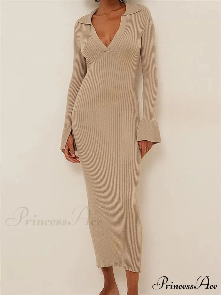 Women Ribbed Knitted Flare Sleeve Lapel Solid Color Bodycon Party Going Out Female Vestido KHAKI / S