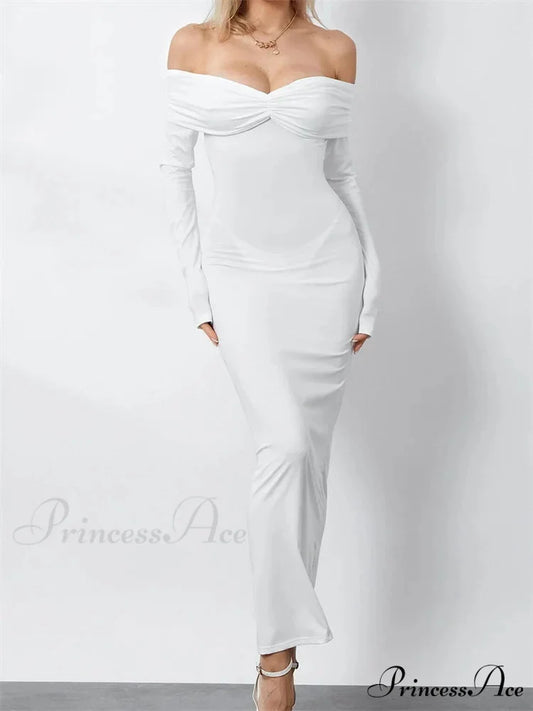 Women Ruched Slash Neck Off-shoulder Sleeve Solid Slim Fit Bodycon Cocktail Party Vestidos WHITE / S