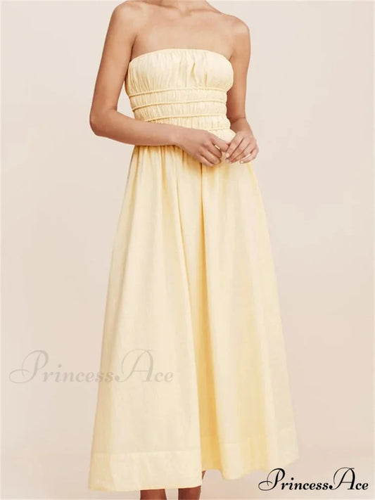 Women Ruched Strapless Tube Solid Summer Backless Party A-Line for Cocktail Streetwear Aesthetic Vestidos