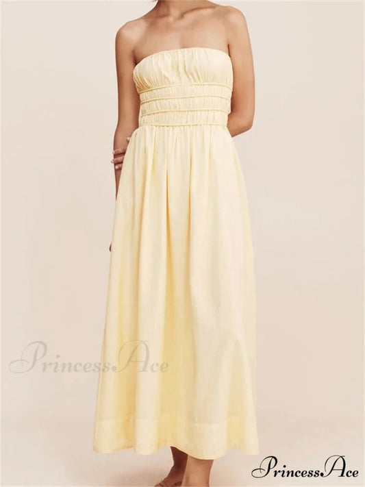 Women Ruched Strapless Tube Solid Summer Backless Party A-Line for Cocktail Streetwear Aesthetic Vestidos BEIGE / S