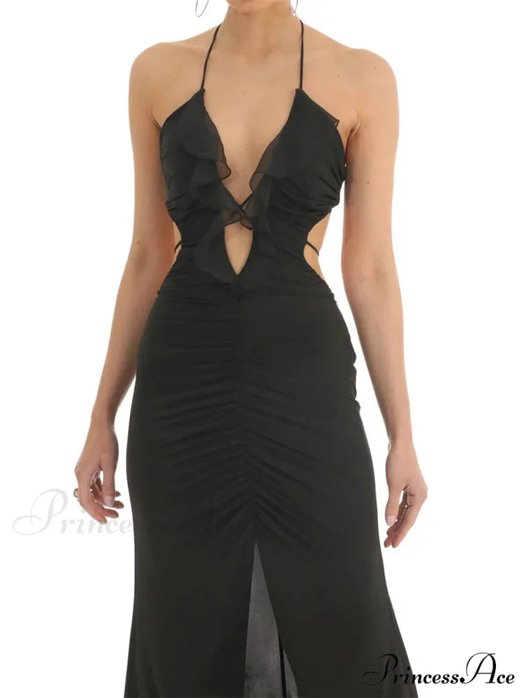 Women Ruffle Halter Lace-up Y2K Sleeveless Off Shoulder Backless Tassels Ruched Front Split Vestidos