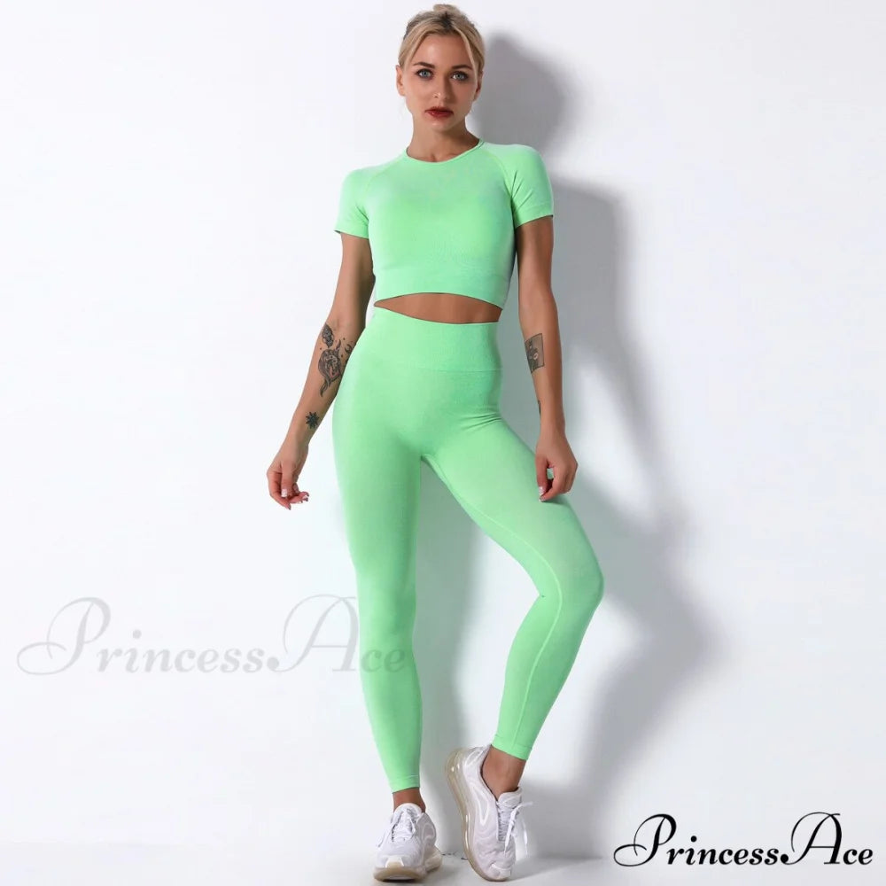 Women Seamless Sports Fitness Tracksuit Running Leggings Green / S
