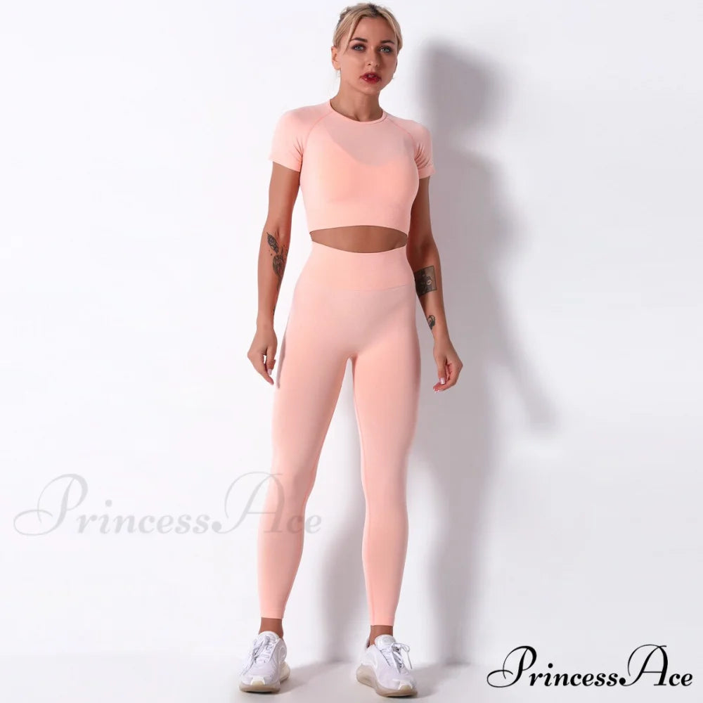 Women Seamless Sports Fitness Tracksuit Running Leggings Pink / S