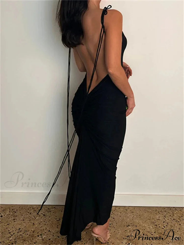 Women Sexy Backless Ruched Adjustable Lace-up Strap Slim Elegant Solid Party Female Vestido Clubwear