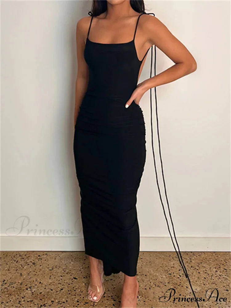 Women Sexy Backless Ruched Adjustable Lace-up Strap Slim Elegant Solid Party Female Vestido Clubwear Black / S