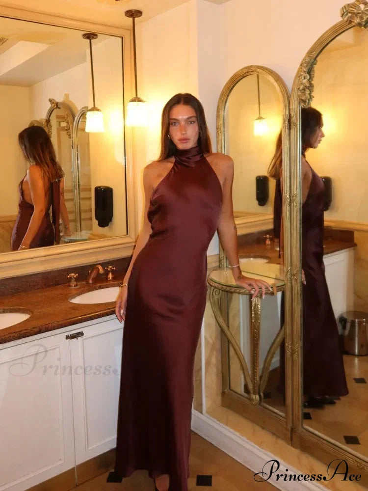 Women Sexy Chic Satin Backless Halter Lace Up Christmas Party Dress