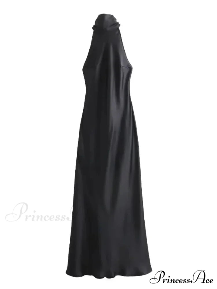 Women Sexy Chic Satin Backless Halter Lace Up Christmas Party Dress Black / XS