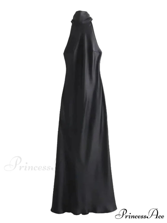 Women Sexy Chic Satin Backless Halter Lace Up Christmas Party Dress Black / XS