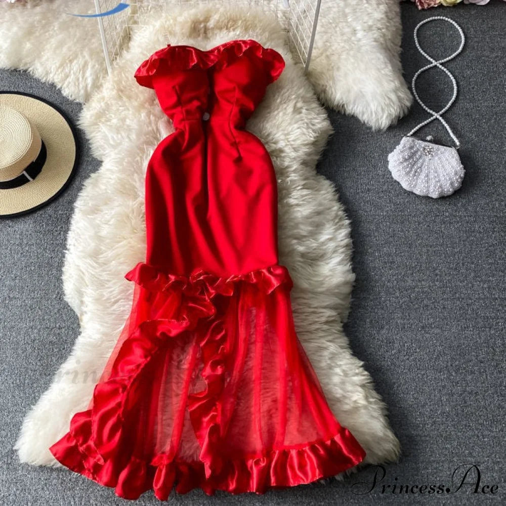 Women Sexy Female Dresses Patchwork Bodycon Strapless Gown Red Mesh Party Dinner Slim Strap Warm-Season Long Spaghetti