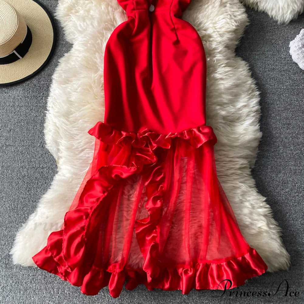 Women Sexy Female Dresses Patchwork Bodycon Strapless Gown Red Mesh Party Dinner Slim Strap Warm-Season Long Spaghetti