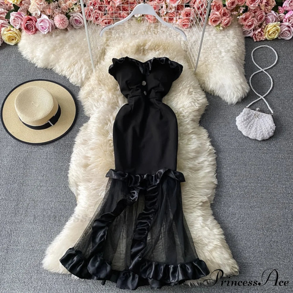 Women Sexy Female Dresses Patchwork Bodycon Strapless Gown Red Mesh Party Dinner Slim Strap Warm-Season Long Spaghetti
