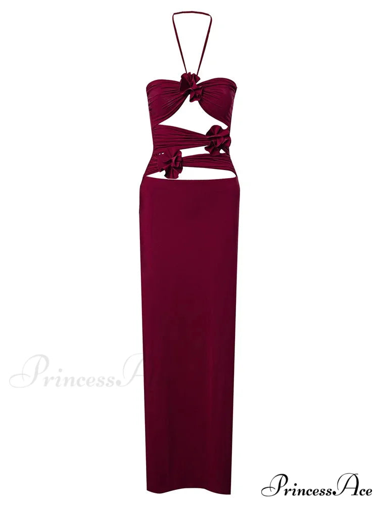 Women Sexy Halter Hollow Out Y2K Off Shoulder Backless Slim 3D Flowers Vestidos Night Party Clubwear Red / S