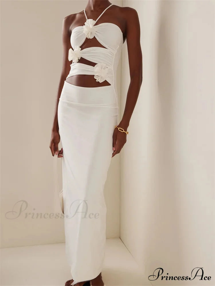 Women Sexy Halter Hollow Out Y2K Off Shoulder Backless Slim 3D Flowers Vestidos Night Party Clubwear WHITE / S