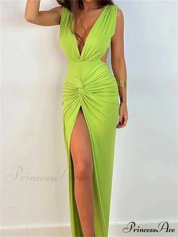 Women Sexy High Split Sleeveless Deep V-neck Backless Ruched Summer Elegant Party Clubwear Vestidos Green / S