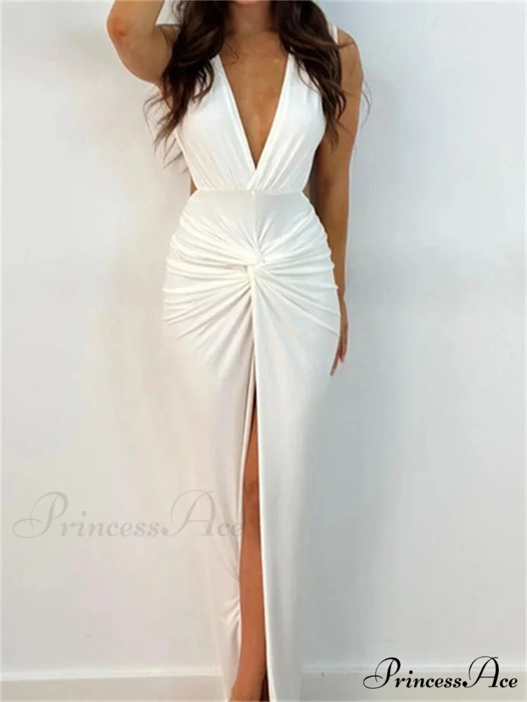 Women Sexy High Split Sleeveless Deep V-neck Backless Ruched Summer Elegant Party Clubwear Vestidos WHITE / S