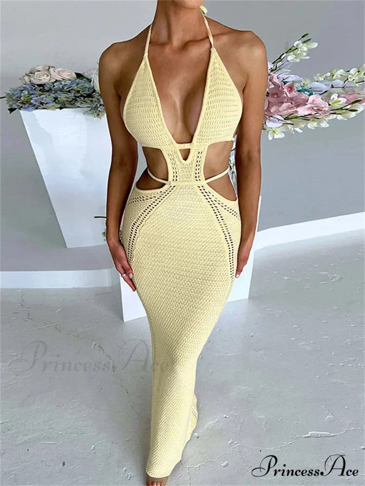 Women Sexy Knitted Cut Out Spaghetti Strap Halter Backless Club Party Y2K Female Vestidos Streetwear Yellow / S