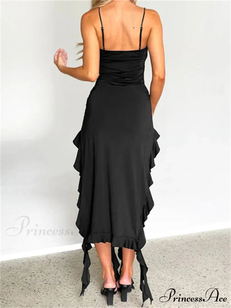 Women Sexy Ruffle Hem Sleeveless Strap Tassels Ruched Bodycon Party V-neck High Split Fairy Vestidos