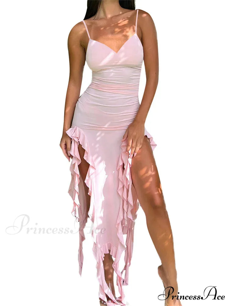 Women Sexy Ruffle Hem Sleeveless Strap Tassels Ruched Bodycon Party V-neck High Split Fairy Vestidos PINK / S