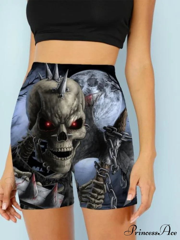 Women Skeleton Short Dancing Rock High Waist Womens Pants evil / S