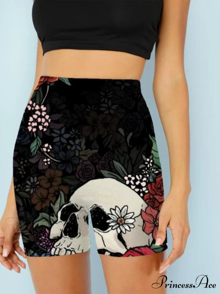 Women Skeleton Short Dancing Rock High Waist Womens Pants flowers / XXL