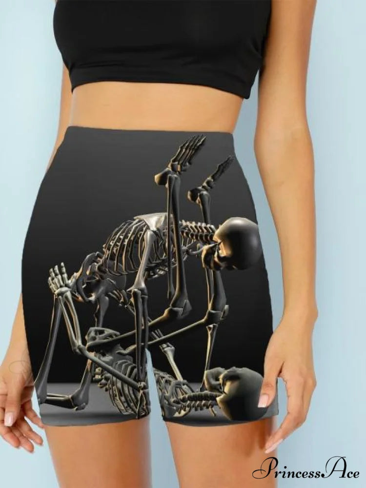 Women Skeleton Short Dancing Rock High Waist Womens Pants grey / S