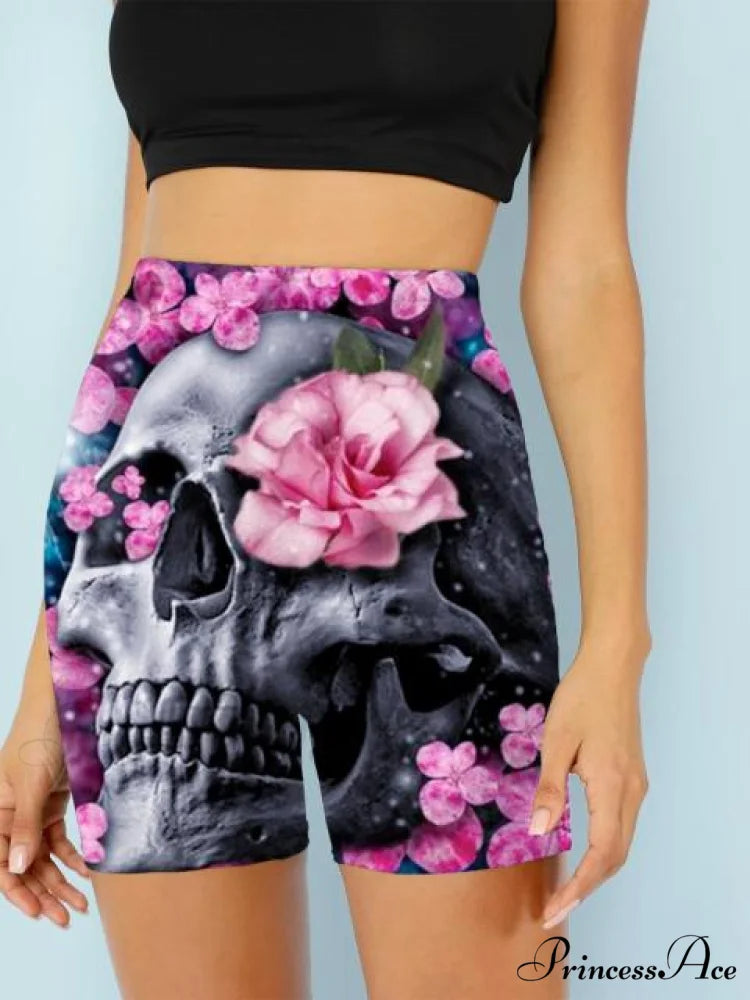 Women Skeleton Short Dancing Rock High Waist Womens Pants pink flower / S