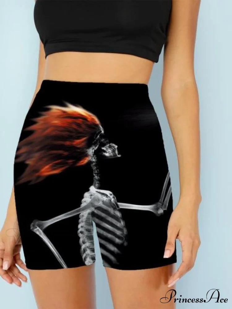 Women Skeleton Short Dancing Rock High Waist Womens Pants red hairs / S