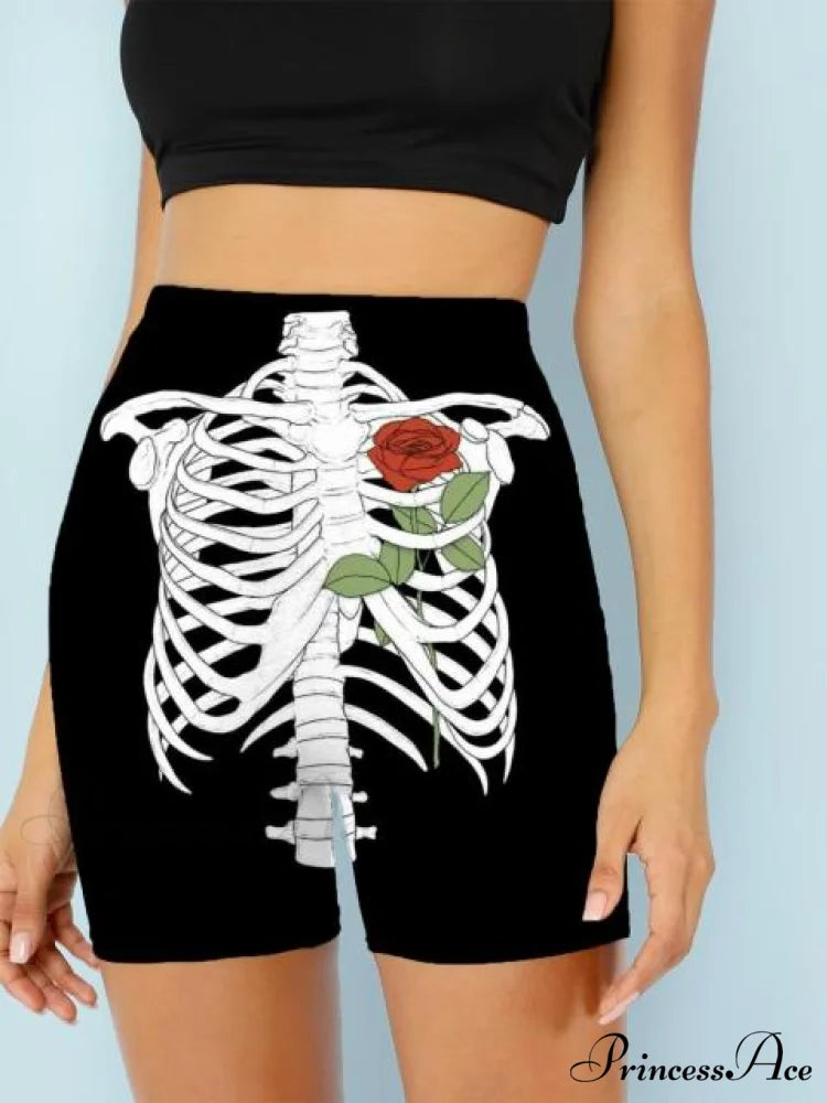 Women Skeleton Short Dancing Rock High Waist Womens Pants red rose / S