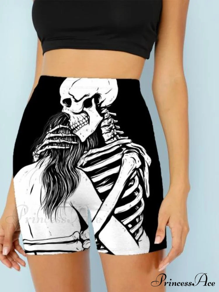 Women Skeleton Short Dancing Rock High Waist Womens Pants skeleton with one person / S