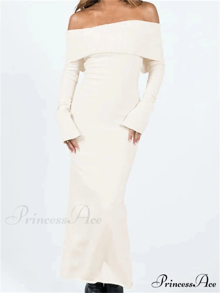 Women Slash Neck Off Shoulder Solid Back Split Hem Casual Sleeve Party Club Vestidos Streetwear WHITE / S