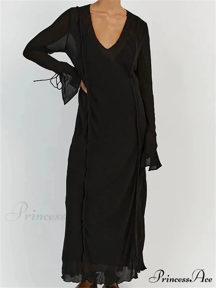 Women Sleeve Loose Casual V Neck Mesh See Through Party Beach Cocktail Club Vestidos Streetwear Black / S