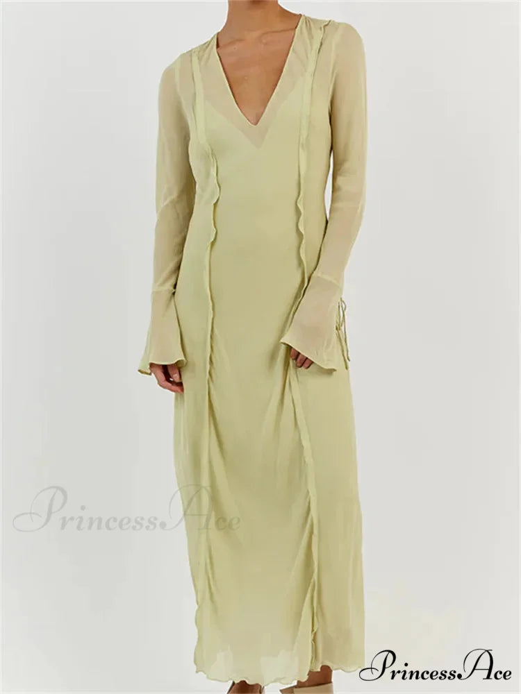 Women Sleeve Loose Casual V Neck Mesh See Through Party Beach Cocktail Club Vestidos Streetwear Yellow / S