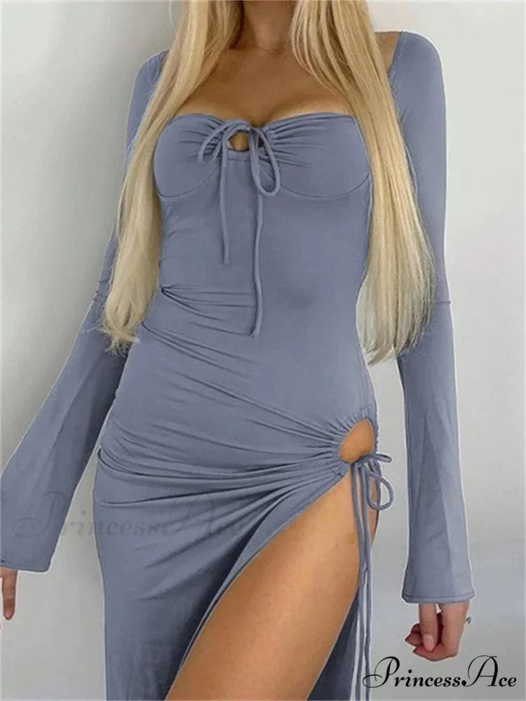 Women Sleeve Low-cut Tie-up Solid Color Slim Fit Cocktail Party High Split Female Vestidos