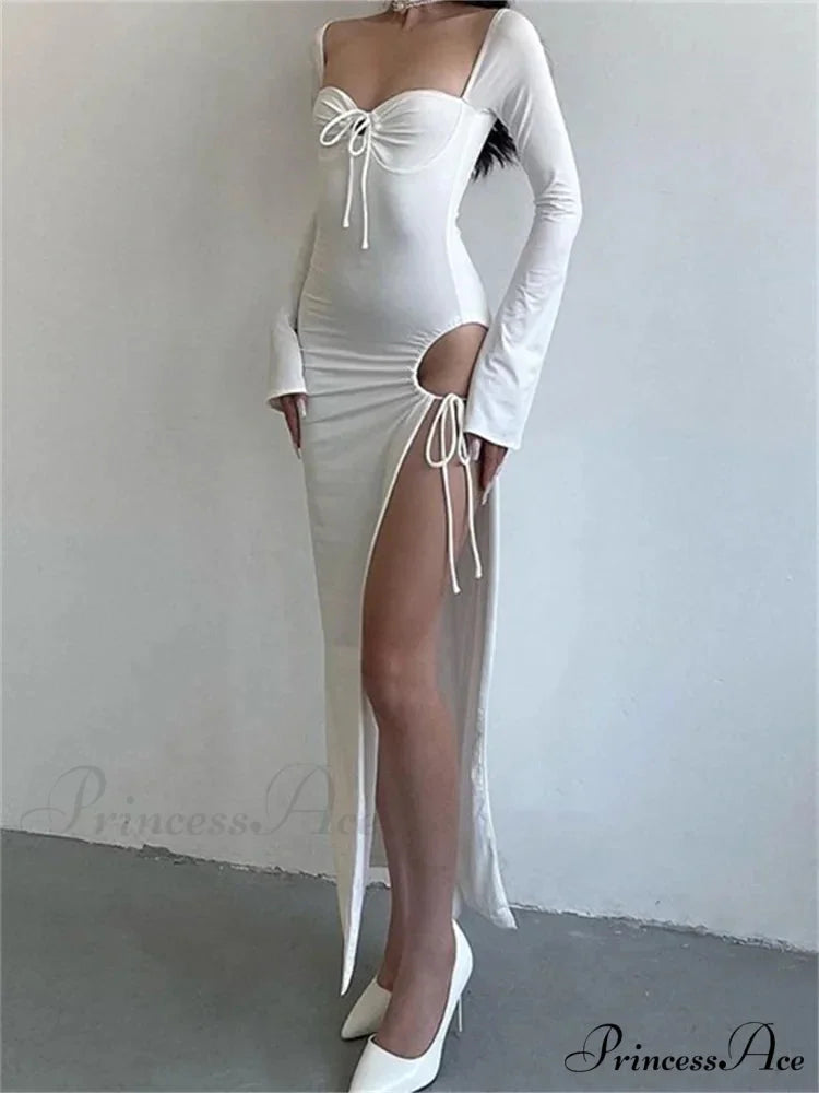 Women Sleeve Low-cut Tie-up Solid Color Slim Fit Cocktail Party High Split Female Vestidos WHITE / S