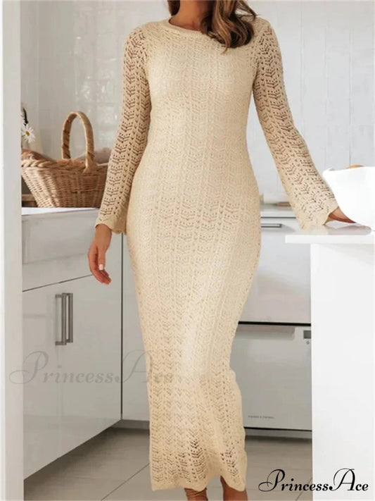 Women Sleeve Round Neck Backless Tie-up Hollow Out Cocktail Spring Autumn Female Vestidos Beige / S
