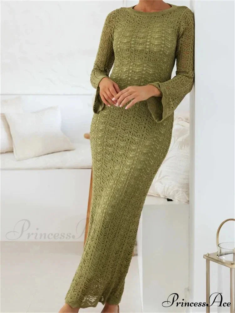 Women Sleeve Round Neck Backless Tie-up Hollow Out Cocktail Spring Autumn Female Vestidos Green / S