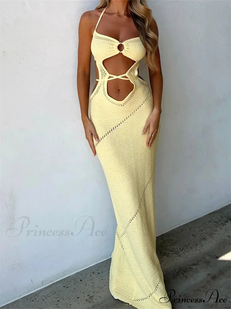 Women Sleeveless Halter Knitted Solid Color Front Cutout Backless Tie-Up Slim Beach Summer Vestidos YELLOW / S