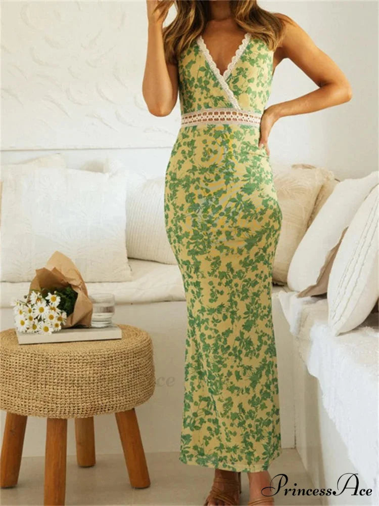 Women Sleeveless Lace Trim Tank Summer Floral Print Party for Cocktail Beach Club Vestido Streetwear GREEN / S
