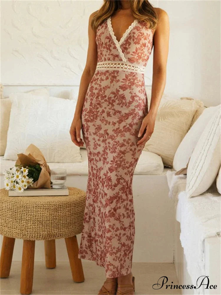 Women Sleeveless Lace Trim Tank Summer Floral Print Party for Cocktail Beach Club Vestido Streetwear PINK / S