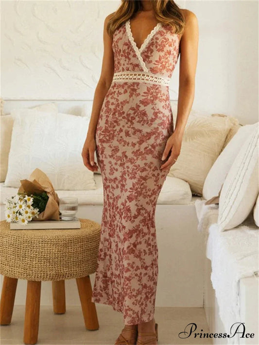 Women Sleeveless Lace Trim Tank Summer Floral Print Party for Cocktail Beach Club Vestido Streetwear PINK / S