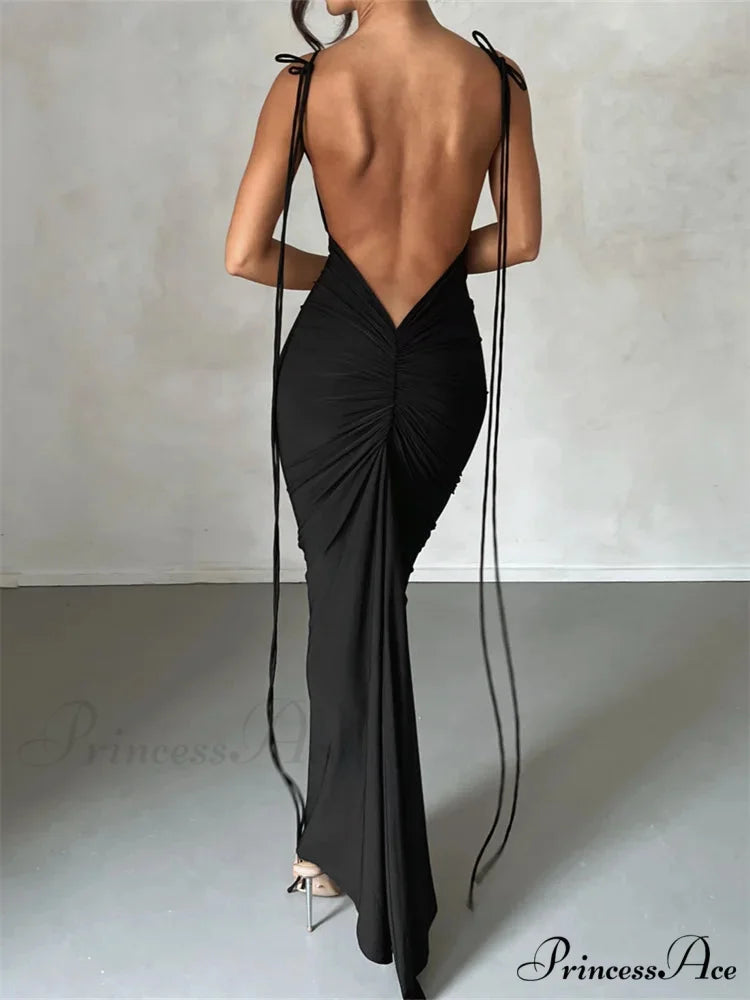 Women Sleeveless Lace-up Strap Sling Summer Backless Ruched Party V-neck Slim Fit Sexy Vestidos BLACK / S