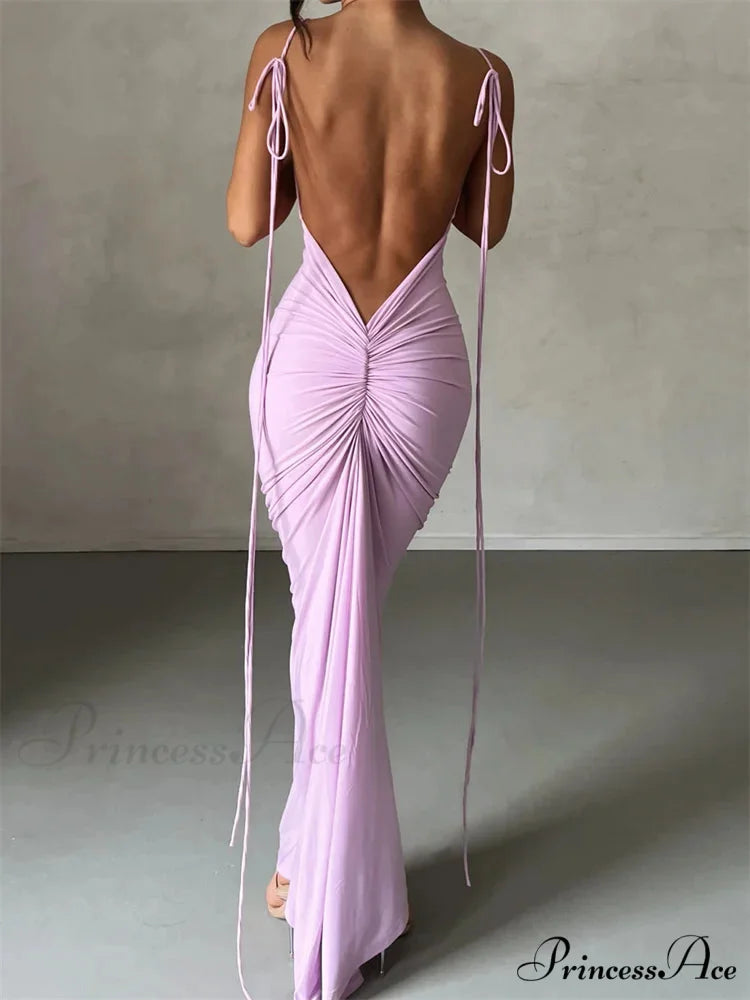 Women Sleeveless Lace-up Strap Sling Summer Backless Ruched Party V-neck Slim Fit Sexy Vestidos PURPLE / S