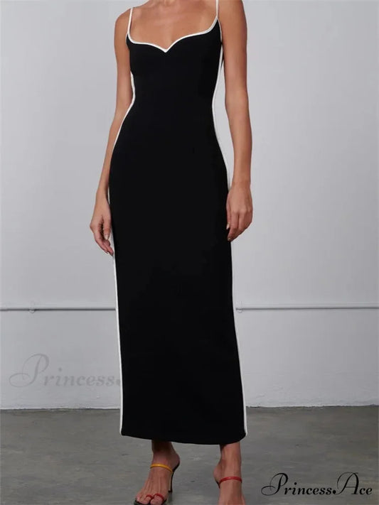 Women Sleeveless Strap Black Patchwork V-neck Low Cut Slim Summer Party Back Split Female Vestidos Black / S